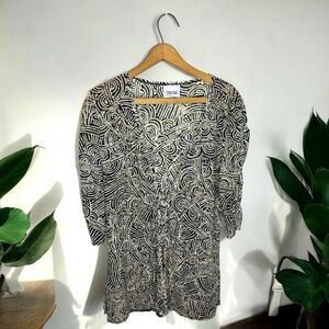 CHRISTINA Mesh Artsy Abstract Tie Front Long Line Ruched Sleeve CoverUp Cardigan